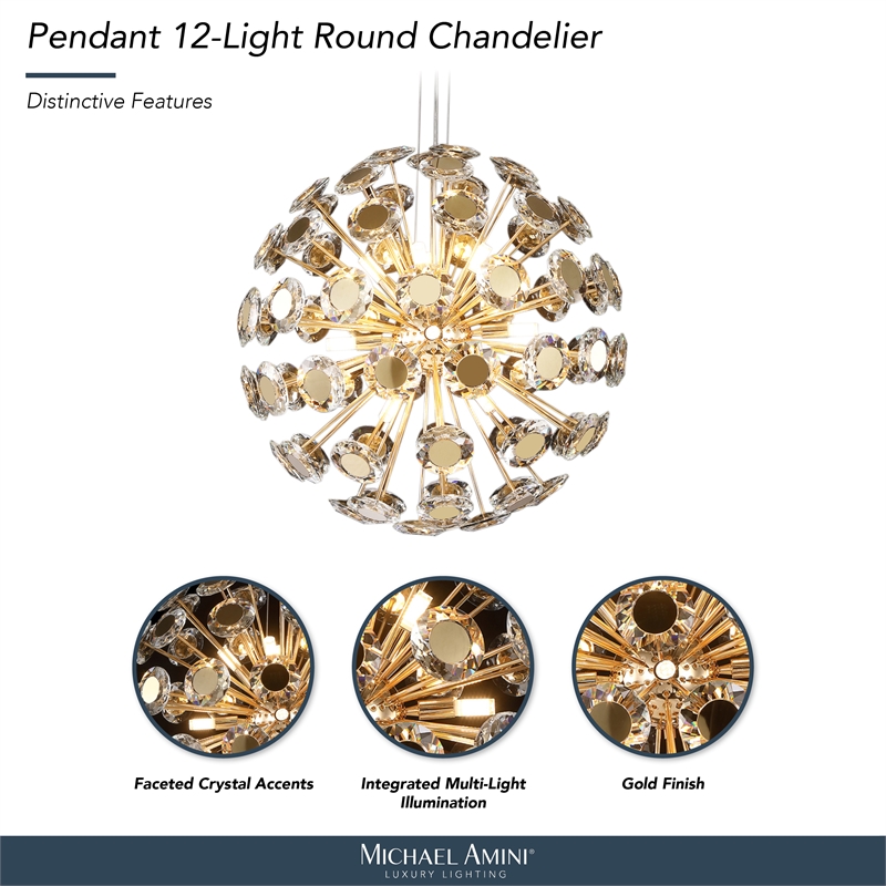 Pendant 12-Light Round Crystal Chandelier - Gold