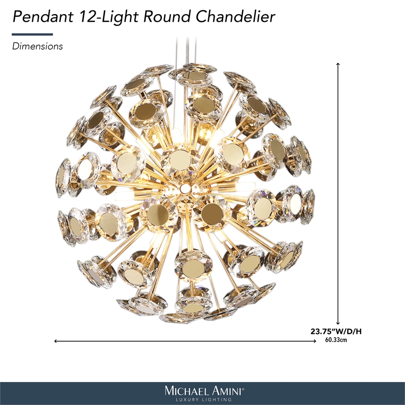 Pendant 12-Light Round Crystal Chandelier - Gold