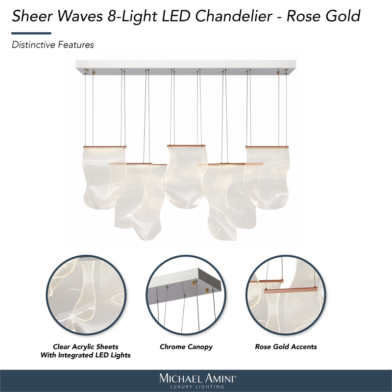 Sheer Waves 8-Light Modern LED Chandelier - Rose Gold