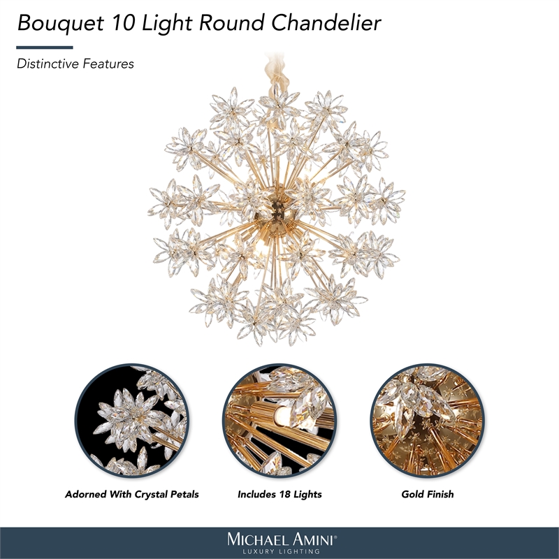 Bouquet 10-Light Round Crystal Chandelier - Gold