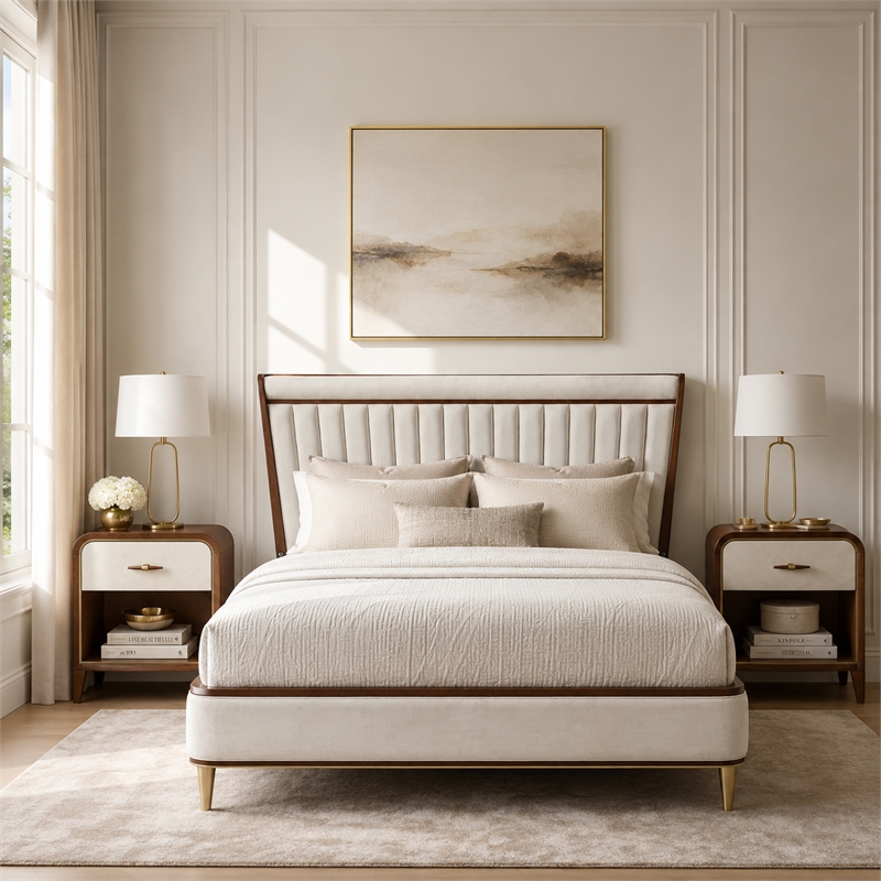 Houston Queen Channel Tufted Velvet Panel Bed - Porcini/Walnut