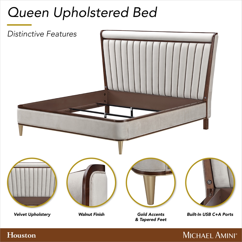 Houston Queen Channel Tufted Velvet Panel Bed - Porcini/Walnut