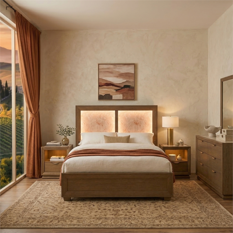 Portrait Cal. King Panel Bed with LED Lights - Sienna Brown