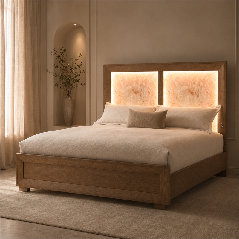 Portrait Cal. King Panel Bed with LED Lights - Sienna Brown