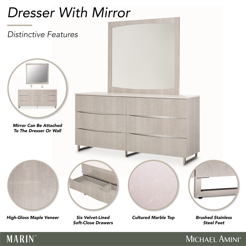 Marin Modern 6-Drawer Dresser with Mirror - Greige