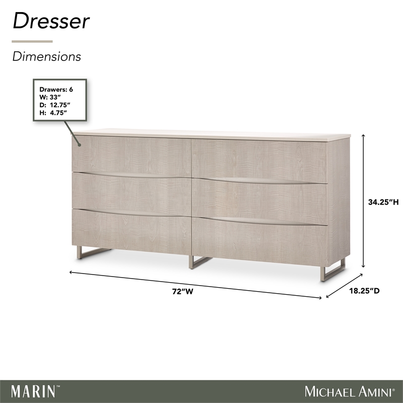 Marin Modern 6-Drawer Dresser with Marble Top - Greige