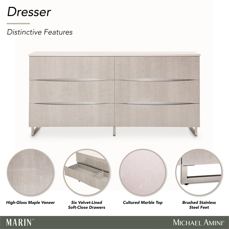 Marin Modern 6-Drawer Dresser with Marble Top - Greige