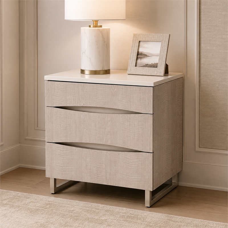 Marin Modern 3-Drawer Nightstand with Marble Top - Greige