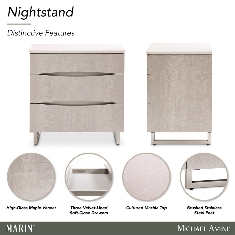 Marin Modern 3-Drawer Nightstand with Marble Top - Greige
