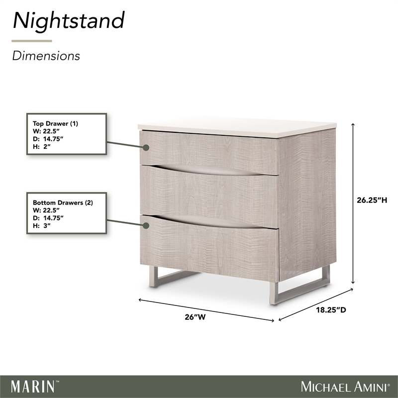 Marin Modern 3-Drawer Nightstand with Marble Top - Greige