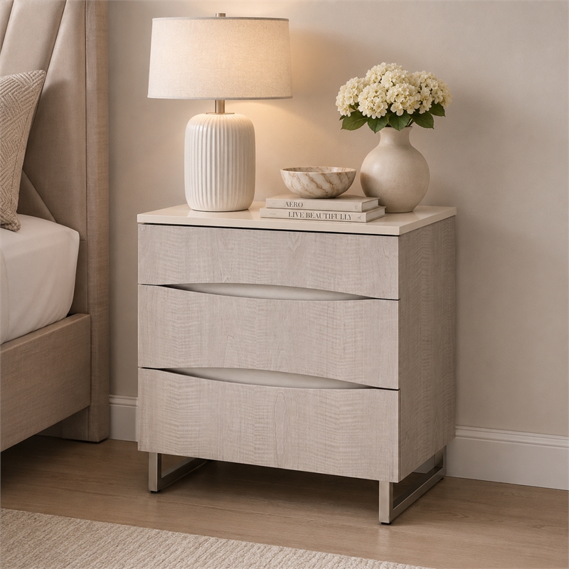 Marin Modern 3-Drawer Nightstand with Marble Top - Greige