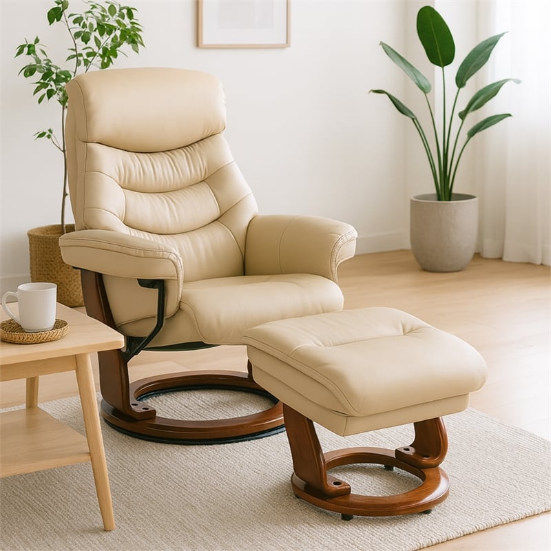 Callano Leather Swivel Recliner with Storage Ottoman in Taupe