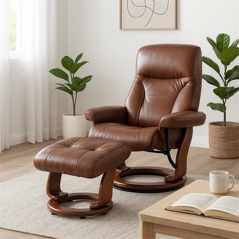 Cortina Leather Swivel Recliner with Matching Ottoman in Cognac