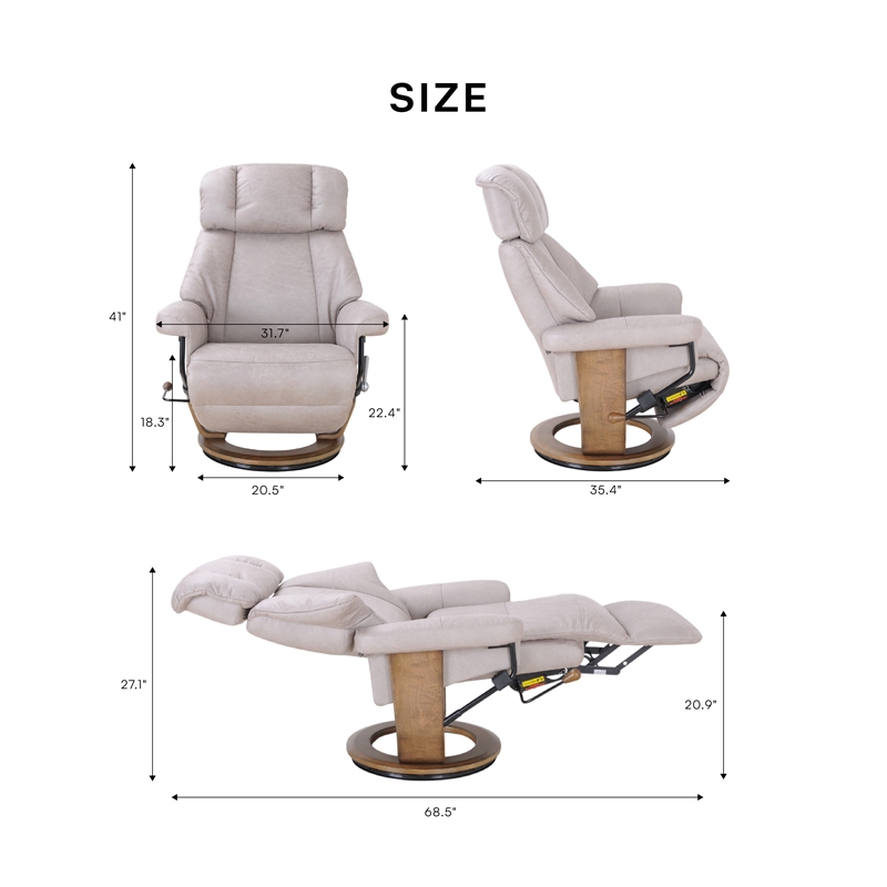 Theodora Swivel Recliner with Folding Chaise in Light Gray Fabric
