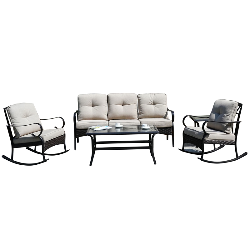 Steel Frame Rectangle Patio Furniture Coffee Table in Black with Tempered Glass