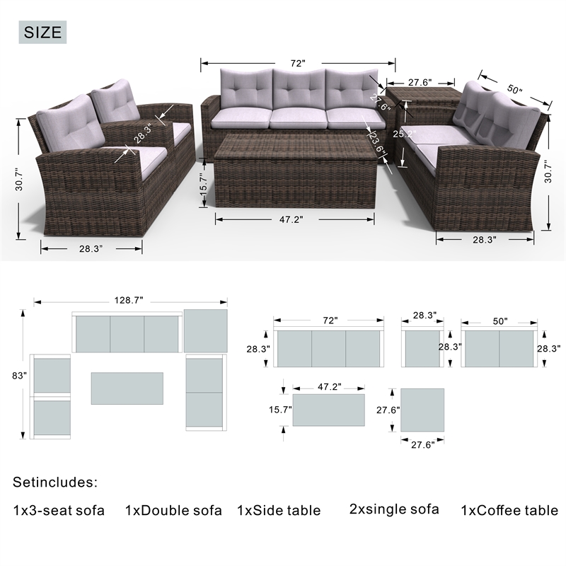 Direct Wicker Rattan Patio 6-Piece Conversation Sofa Sets in Brown with Cushions