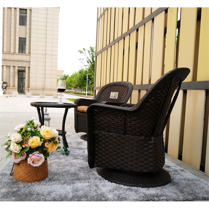 Direct Wicker 3PC Rattan Patio Bistro Set in Dark Brown with Brown Cushions