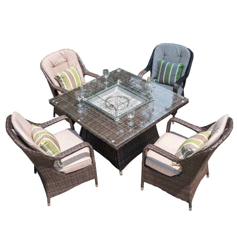 Direct Wicker Brown Rattan 4 Seat Square Gas Fire Pit Set with Dining Chairs