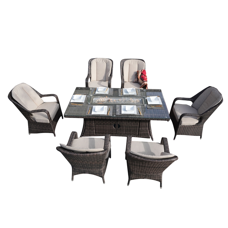 Direct Wicker Brown Rattan 6 Seat Gas Fire Pit Dining Set with Armchair