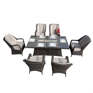 Direct Wicker Brown Rattan 6 Seat Gas Fire Pit Dining Set with Armchair