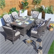 Direct Wicker Brown Rattan 6 Seat Gas Fire Pit Dining Set with Armchair