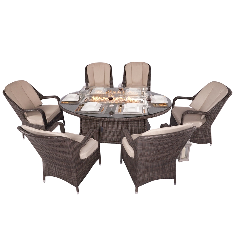 Brown Rattan 6 Seat Patio Furniture Oval Fire Pit Dining Table with Chairs