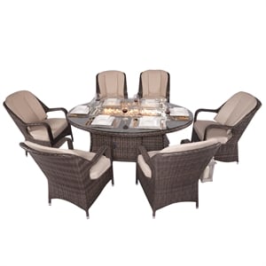 Brown Rattan 6 Seat Patio Furniture Oval Fire Pit Dining Table with Chairs