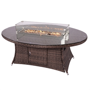 Brown Rattan Outdoor Gas Fire Pit Table Patio Dining Table with Wind Guard