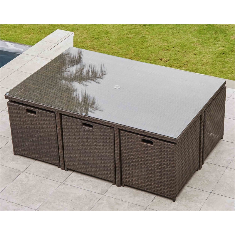 11-Pieces Brown Rattan Outdoor Dining Table with Beige Cushions
