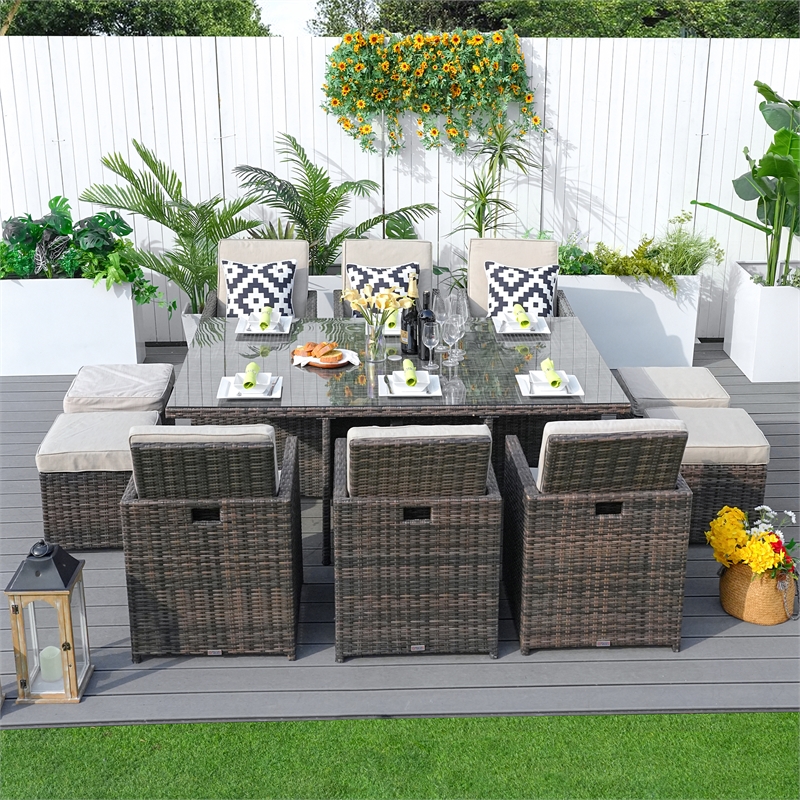 11-Pieces Brown Rattan Outdoor Dining Table with Beige Cushions