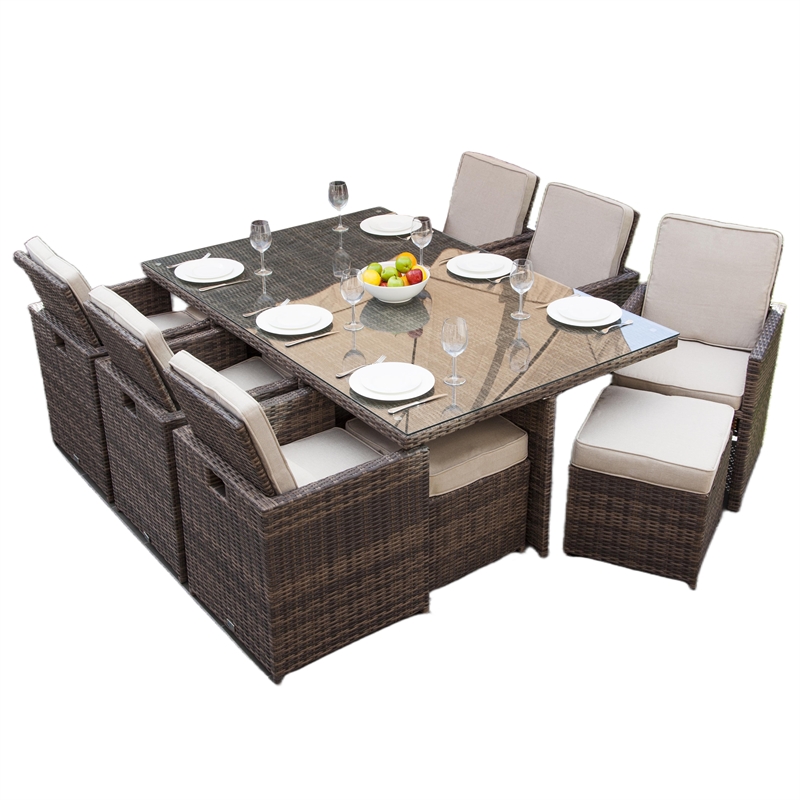 11-Pieces Brown Rattan Outdoor Dining Table with Beige Cushions