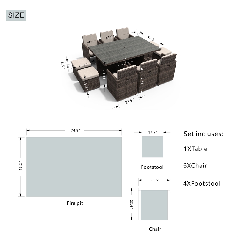 11-Pieces Brown Rattan Outdoor Dining Table with Beige Cushions