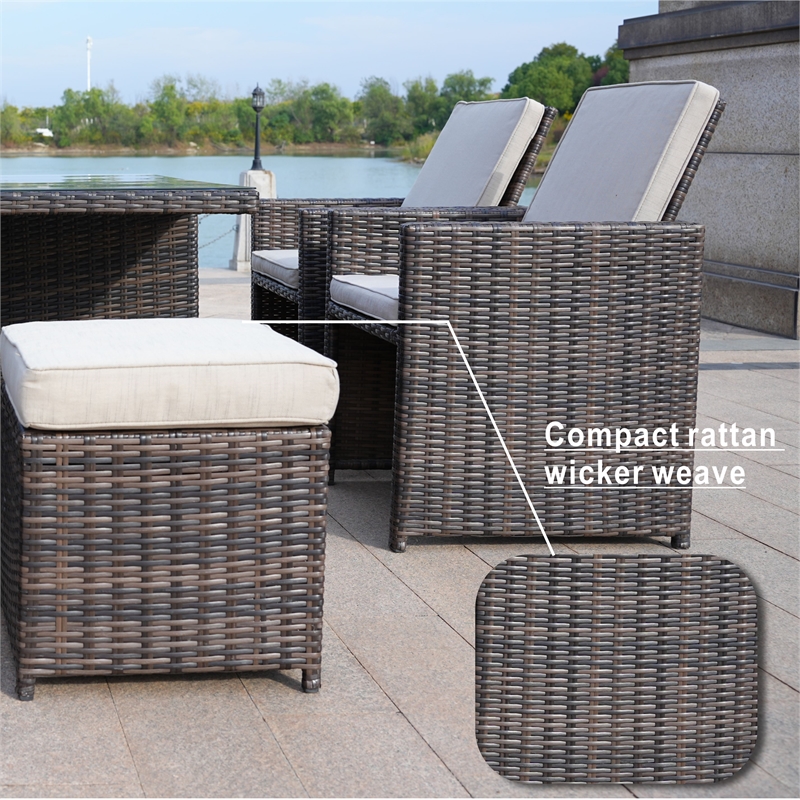 11-Pieces Brown Rattan Outdoor Dining Table with Beige Cushions