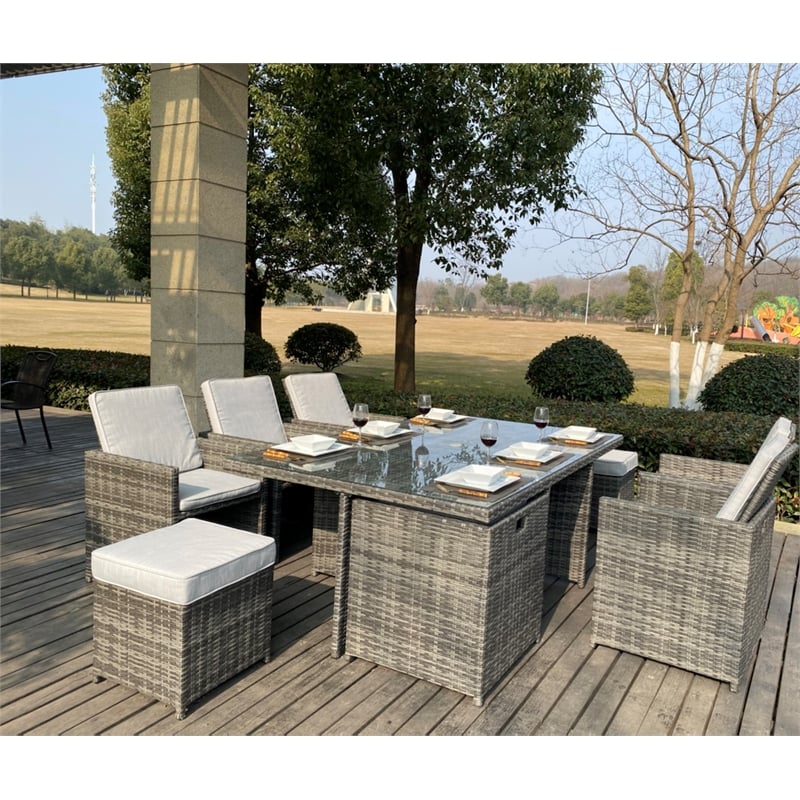 Gray Rattan 11-Pieces Patio Furniture and Outdoor Dining Table with Cushions