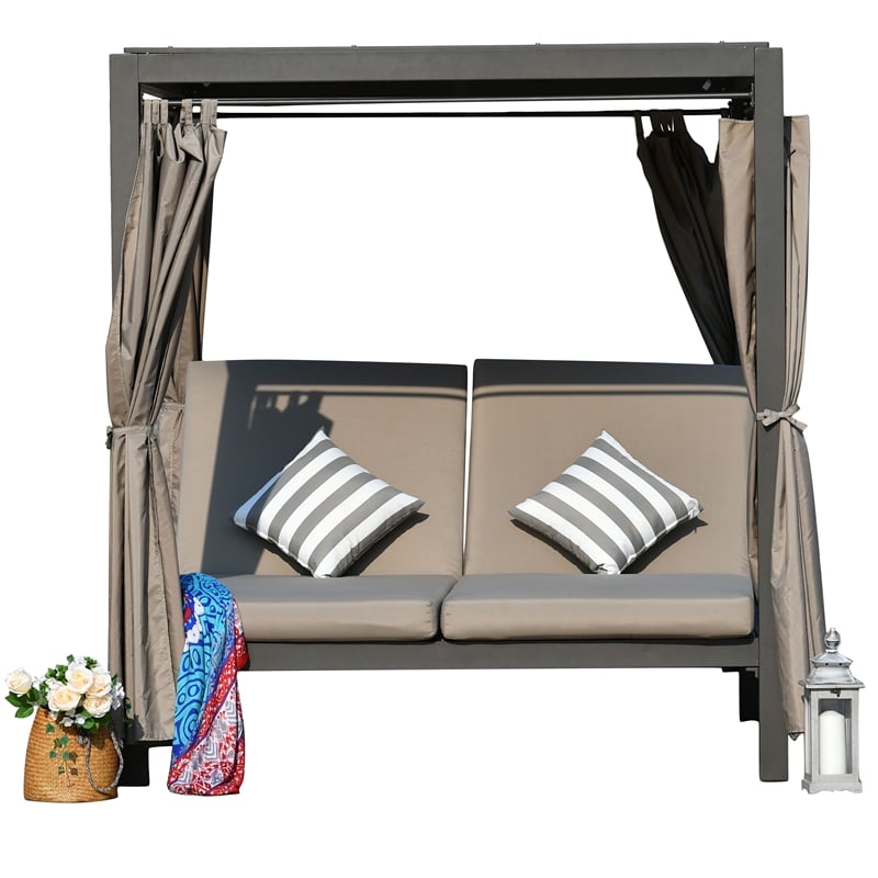 Direct Wicker Outdoor Adjustable Daybed Steel Lounge with Canopy and Cushions