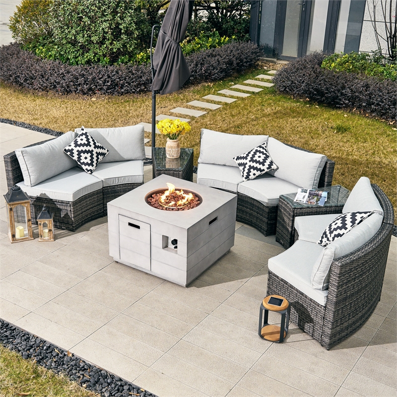 Direct Wicker Rattan Halfmoon Sectional Sofa Set with Square Firepit Table -Gray