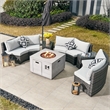 Direct Wicker Rattan Halfmoon Sectional Sofa Set with Square Firepit Table -Gray