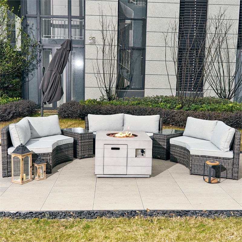 Direct Wicker Rattan Halfmoon Sectional Sofa Set with Square Firepit Table -Gray