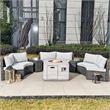 Direct Wicker Rattan Halfmoon Sectional Sofa Set with Square Firepit Table -Gray