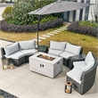 9-Pieces Gray Rattan Halfmoon Sectional Sofa Set with Rectangle Firepit Table