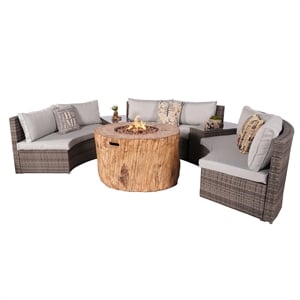 6-Pieces Gray Aluminum Halfmoon Sectional Seating with Round Grain Firepit