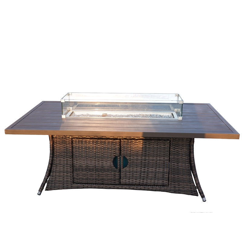 Brown Rattan and Aluminium Patio and Outdoor Rectangle Firepit Dining Table