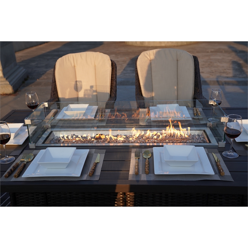 Brown Rattan and Aluminium Patio and Outdoor Rectangle Firepit Dining Table