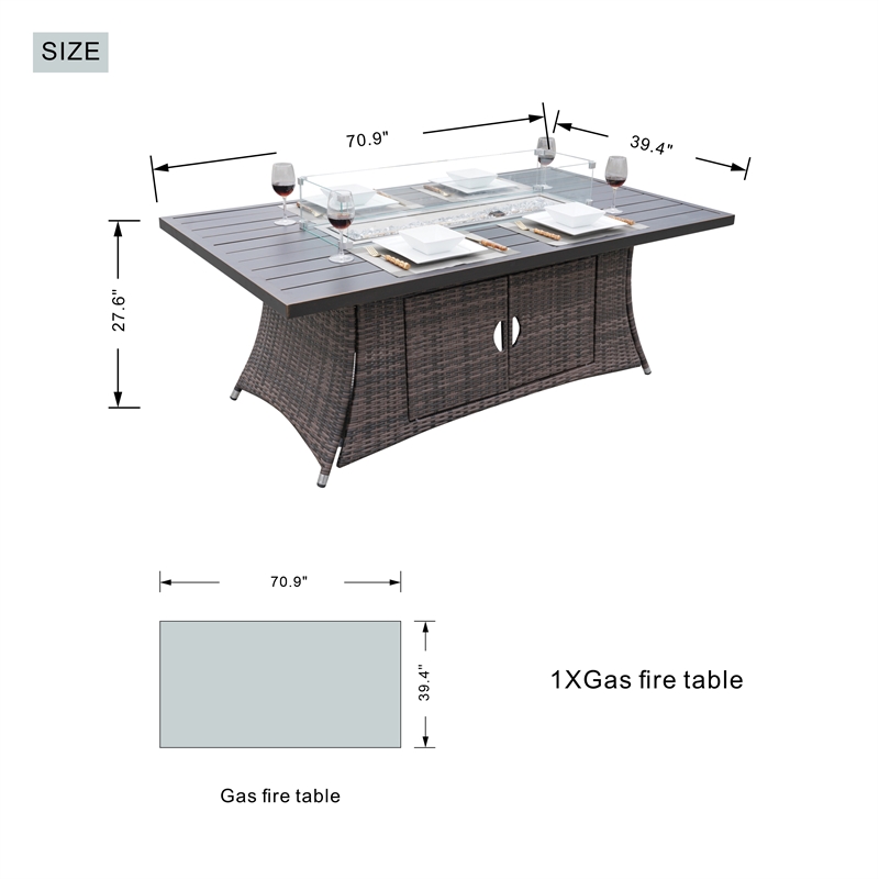 Brown Rattan and Aluminium Patio and Outdoor Rectangle Firepit Dining Table