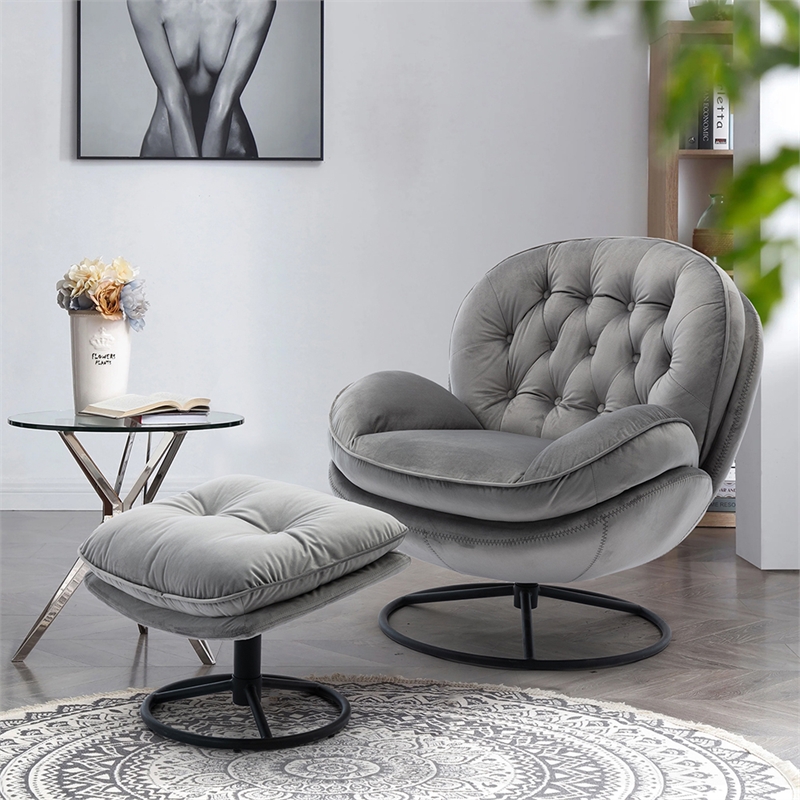 Elizabeth Gray Velvet Living Room Accent Chair Set with Ottoman