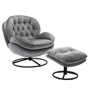 Elizabeth Gray Velvet Living Room Accent Chair Set with Ottoman