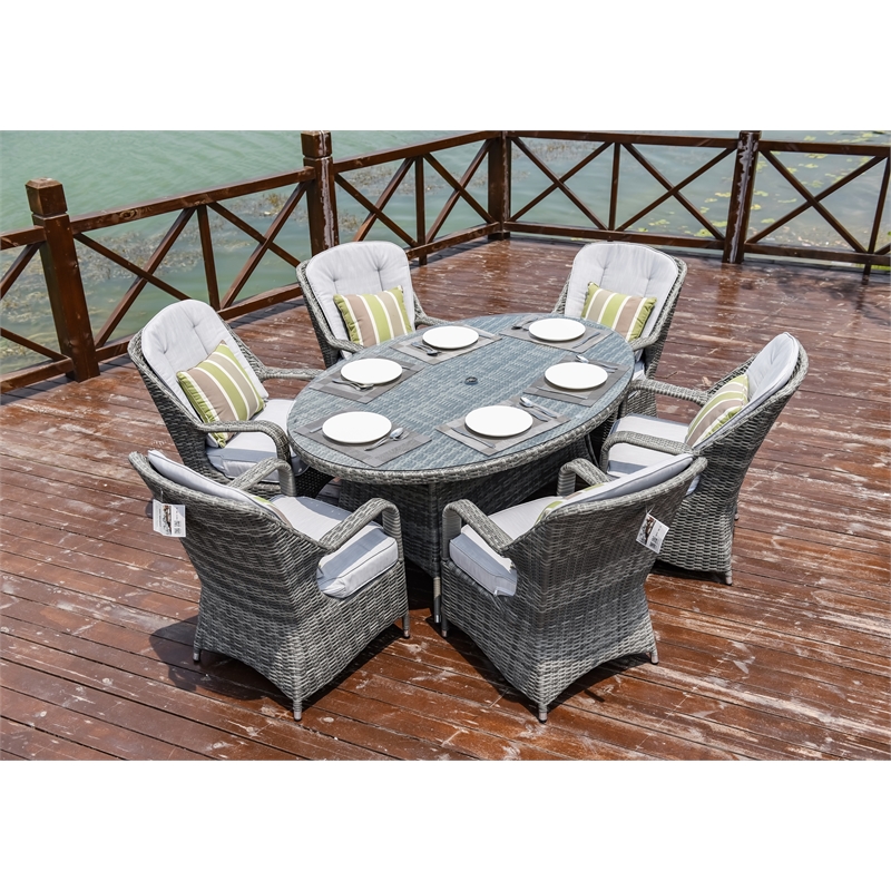 Oval Gray Aluminum 6 - Person Outdoor Dining Set With Cushions