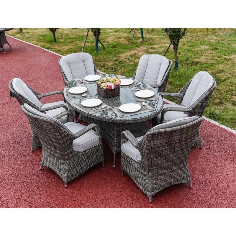 Oval Gray Aluminum 6 - Person Outdoor Dining Set With Cushions