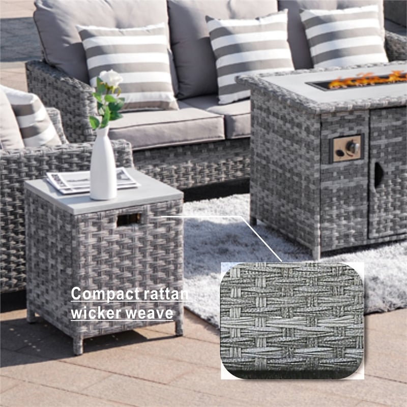 Aluminum 7-Person Gray Seating Group with Fire Pit and Cushions