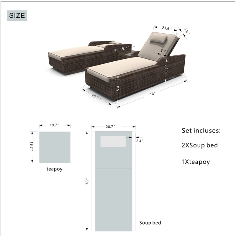 Patio Brown Rattan Outdoor Chaise Lounge Set with Table (Set of 2)